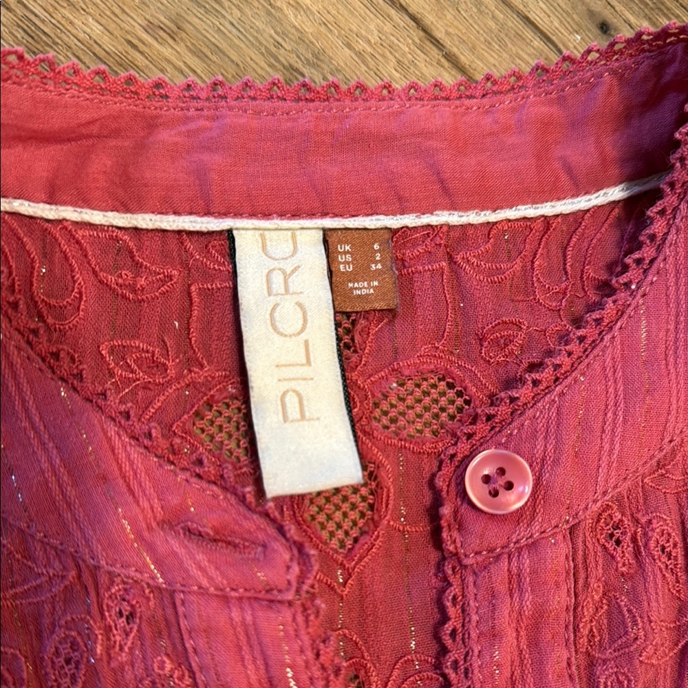 Anthropologie Pilcro the Victoria Lace Button-Up Blouse Pink tinsel Size 2 M1 - Picture 3 of 8